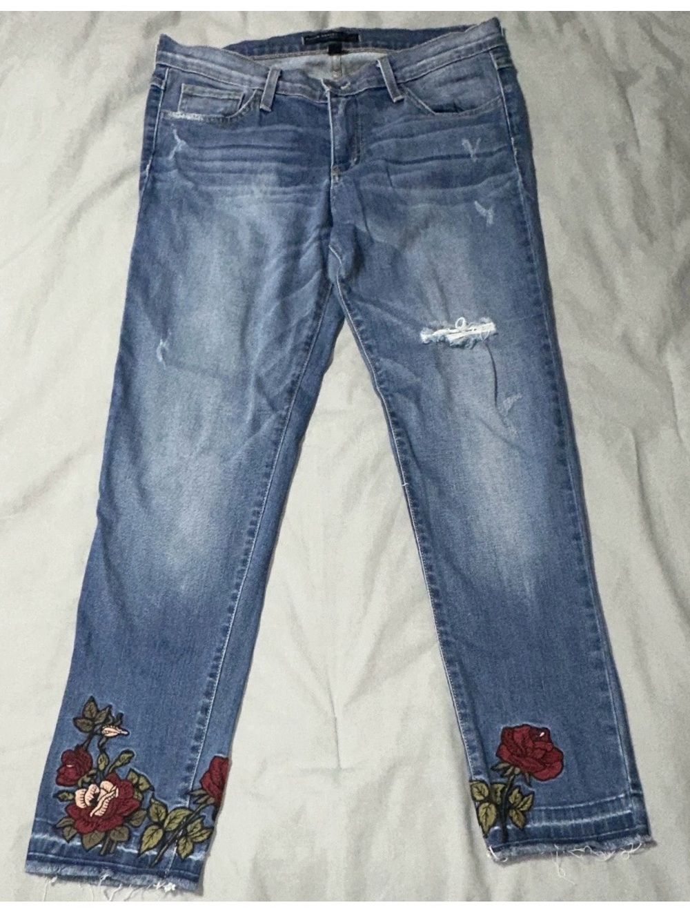 Flying Monkey Blue Distressed Ankle Jeans with Rose Embroidery